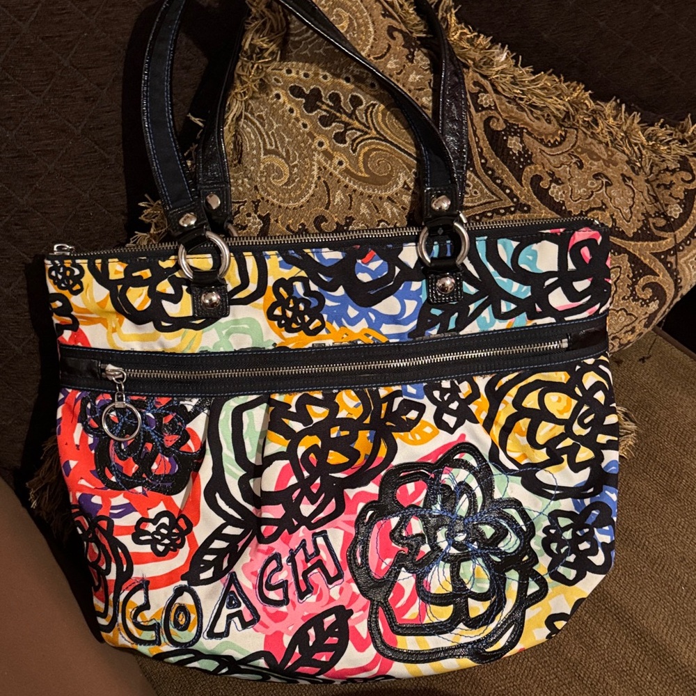 Coach Black Multicolor Floral Tote